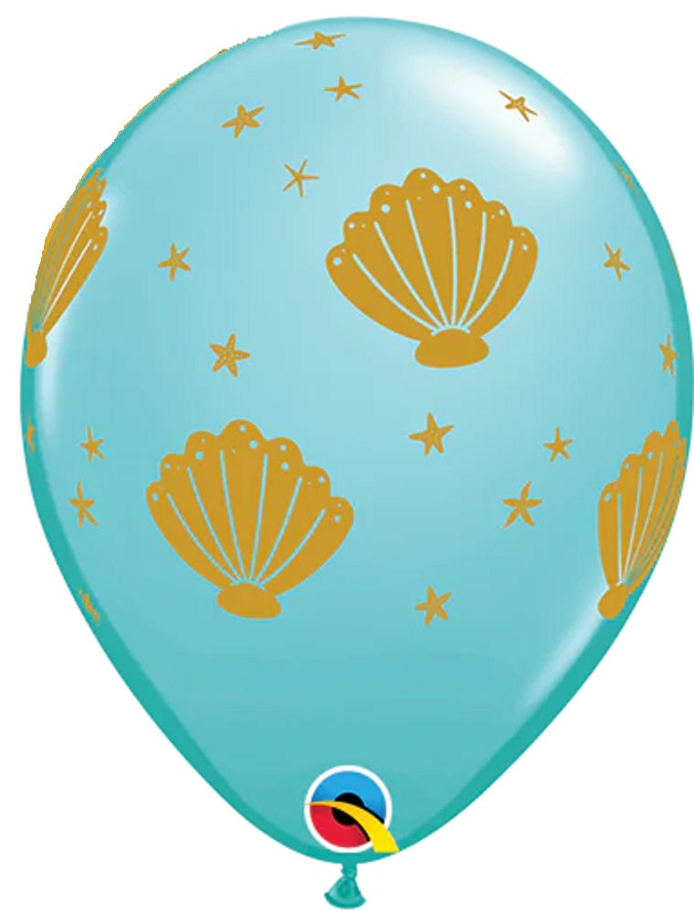 Sea Shells Caribbean Blue with Gold ink 27,5cm 11" Latex Luftballons Qualatex