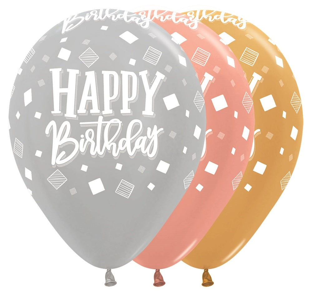 Happy Birthday Squares Metallic Assortment 30cm 12 Inch Latex Luftballons Sempertex