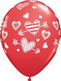 Patterned Hearts and Arrows Standard Red Herz und Pfeil 27,5 cm 11" Qualatex Latex Luftballons