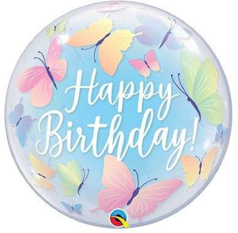 Qualatex Bubble Happy Birthday Soft Butterflies 22" 56cm Luftballon