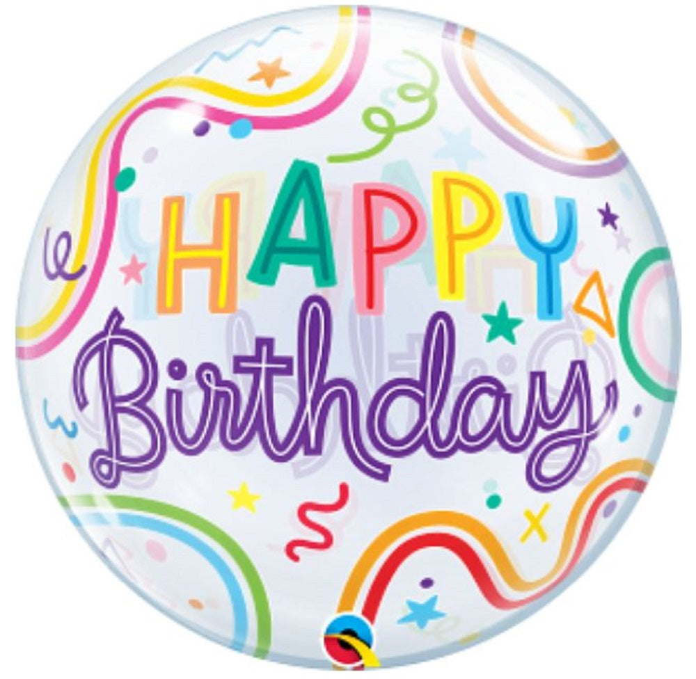 Qualatex Bubble Happy Birthday Swiggle Line and Stars 22" 56cm  Luftballon