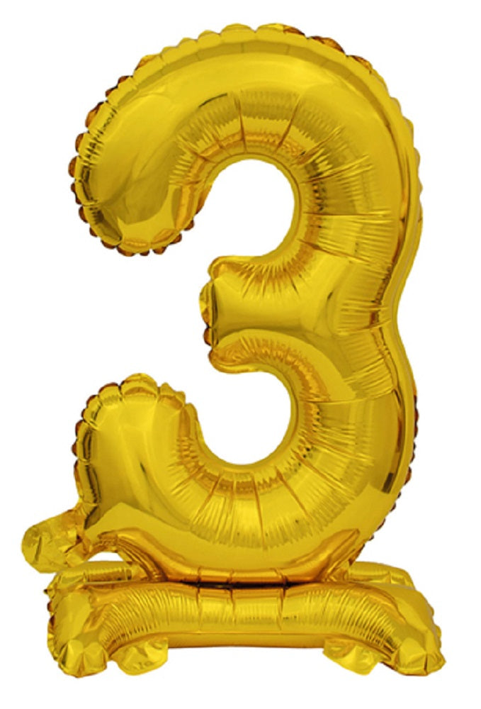 Zahl 3 mit Standfuß Gold Folienballon 38cm 15"