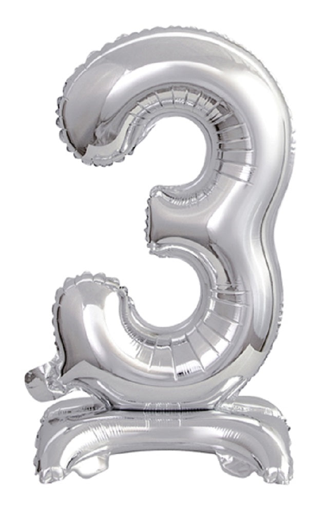 Zahl 3 mit Standfuß Silber Folienballon 38cm 15"